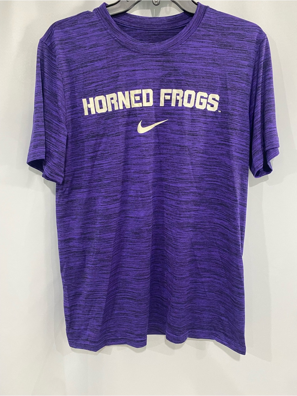 TCU Nike Dri-Fit men’s medium tee. Silkscreened Horned Frogs Nike swoosh